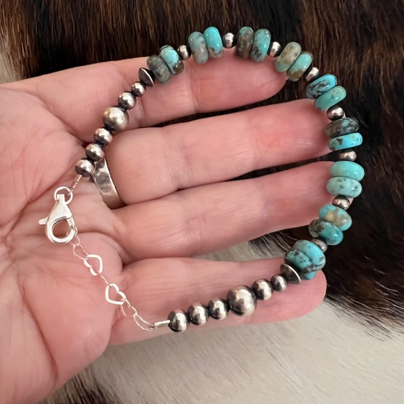 Navajo Jewelry - ❤️ Bracelet 925 Desert Pearls, Saucers, Kingman Turquoise  7.5”+1”Ext Unisex